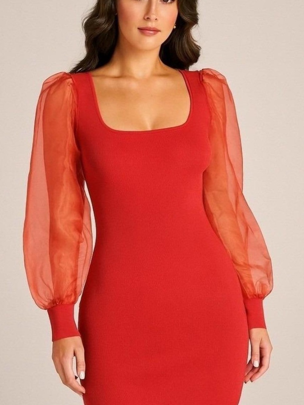 House of Harlow 1960 Red Square-Neck Bodycon Dress with Sheer Puff Sleeves